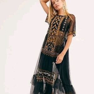 - Free People Sabrina Tulle Sheer Embroidered Midi Dress Black Gold XS NEW